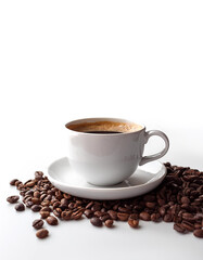 Coffee cup with coffee beans on side position provides copy space for text. background concept isolated white