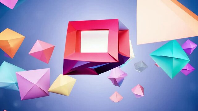 Colorful origami shapes rotate slowly against a vibrant gradient background, creating a dynamic and artistic visual display