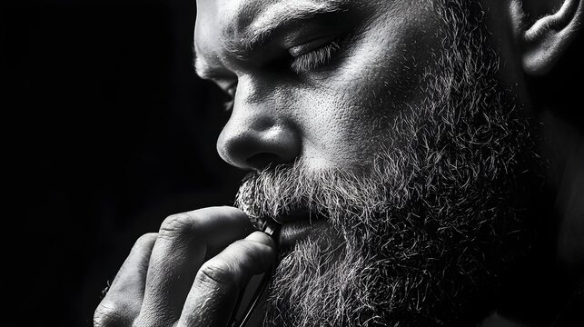 Close up of a man meticulously trimming his beard with small scissors focusing on achieving a precise and detailed grooming result