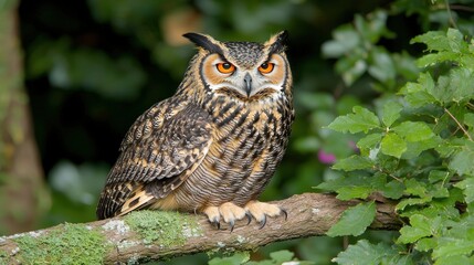 Obraz premium Majestic Owl Perched on Tree Branch with Orange Eyes Wildlife Photography