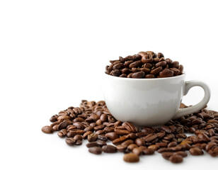 Fototapeta premium Coffee cup with coffee beans on side position provides copy space for text. background concept isolated white