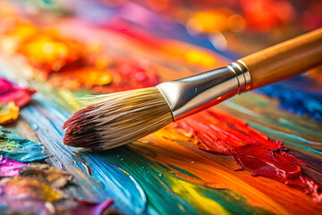 Obraz premium A vibrant paintbrush rests on a colorful palette, showcasing a spectrum of rich hues perfect for artistic creation.