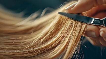 Obraz premium Close up of precision scissors meticulously trimming the ends of long flowing hair in a minimalist monochromatic style Represents the art of hairstyling personal grooming and attention to detail