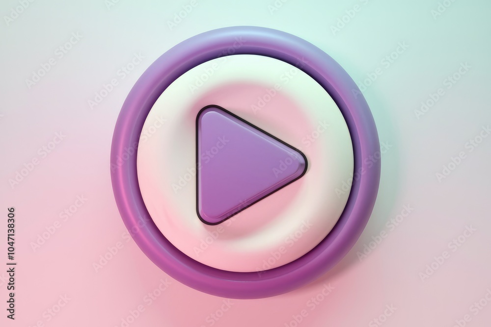 Poster a 3d rendered play button with a purple and white color scheme.