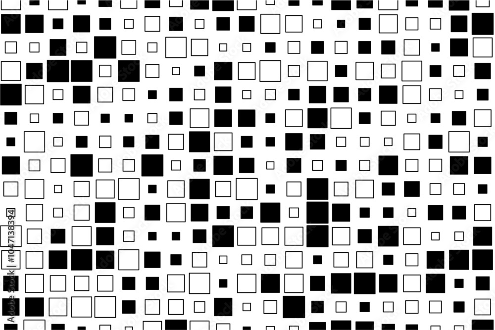 Aufkleber abstract design showcasing a rhythmic arrangement of black squares in diverse sizes across a white s