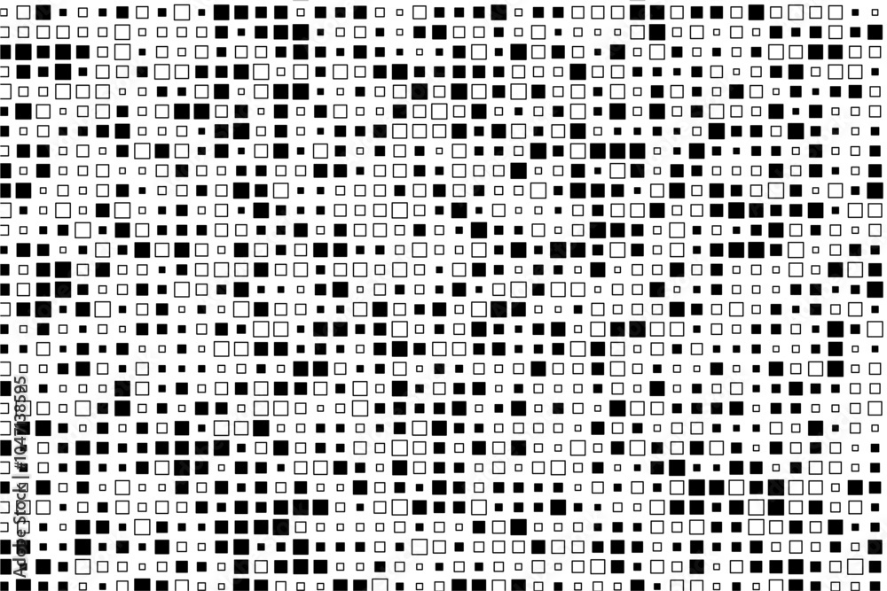 Aufkleber abstract design showcasing a rhythmic arrangement of black squares in diverse sizes across a white s