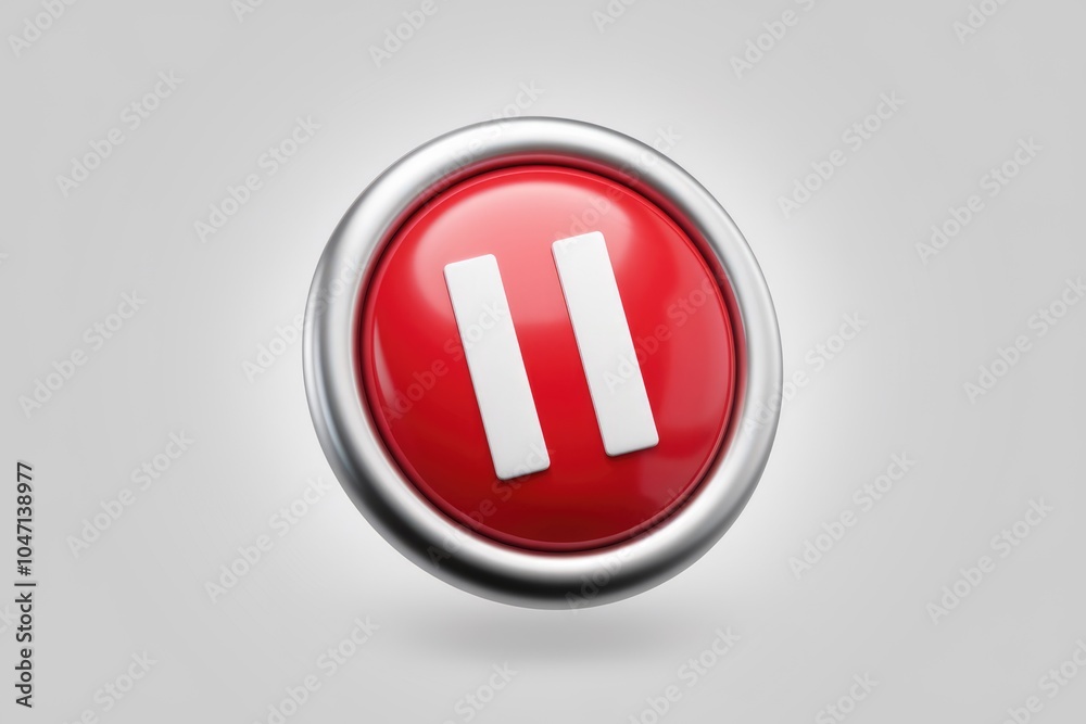 Poster A red circular button with a white pause symbol  indicating a stop or interruption.