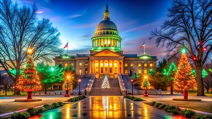 Long Exposure of Arkansas State Capitol Adorned with Christmas Lights at Night