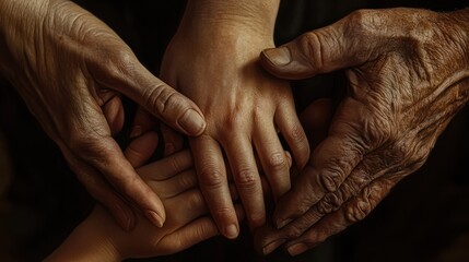 Fototapeta premium Hands of four generations close-up . Hands of mother, father and grandfather over the child's hand . Family value
