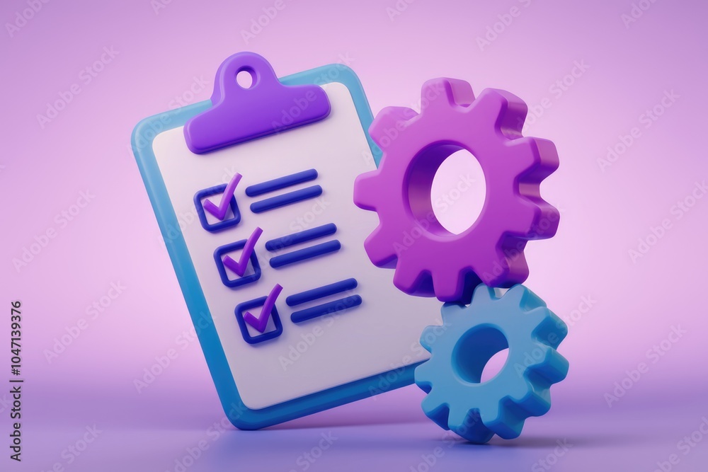 Leinwandbilder A checklist with checkmarks next to gears  representing tasks and processes.