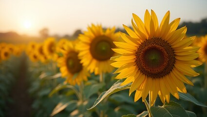 Obraz premium Vibrant sunflowers in vast field under afternoon sun