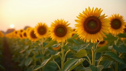 Obraz premium Vibrant sunflowers in vast field under afternoon sun