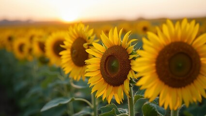 Fototapeta premium Vibrant sunflowers in vast field under afternoon sun