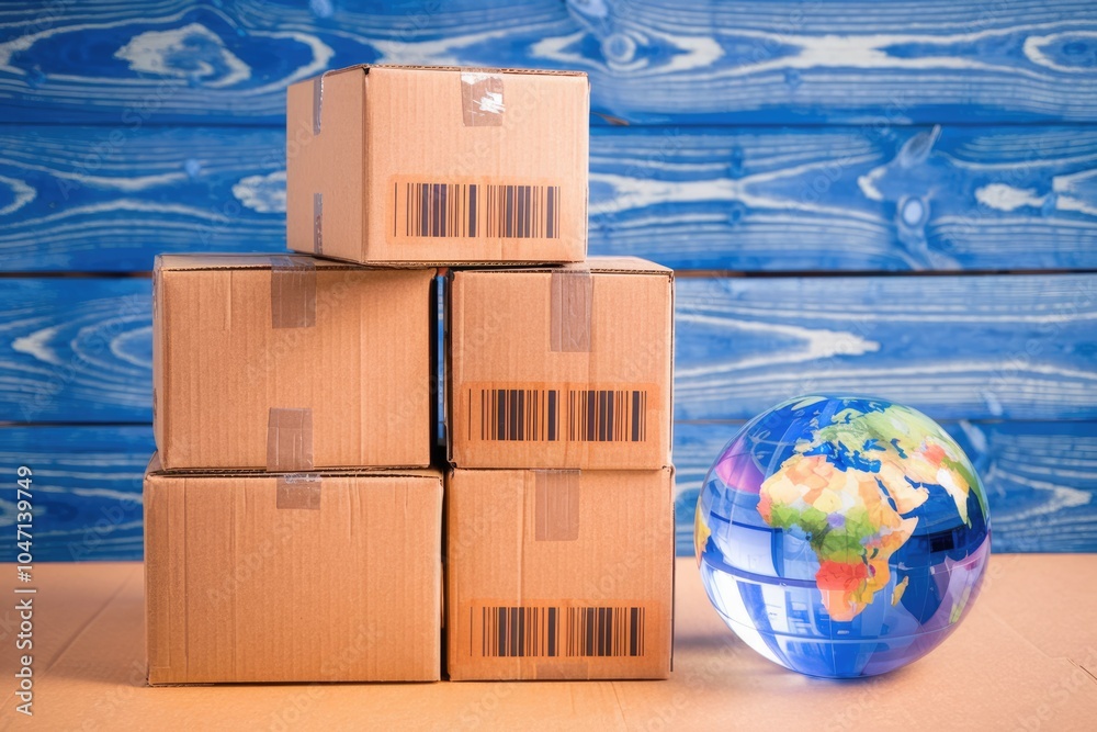 Poster Stacked cardboard boxes with barcodes and a globe  representing global shipping.