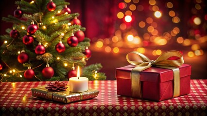 Luxurious Gift Box with Ribbon and Candle on Red Tablecloth for Christmas Celebration