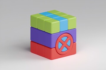 Naklejka premium A 3D model of a colorful cube with a blue circle on top stacked on other colorful cubes.