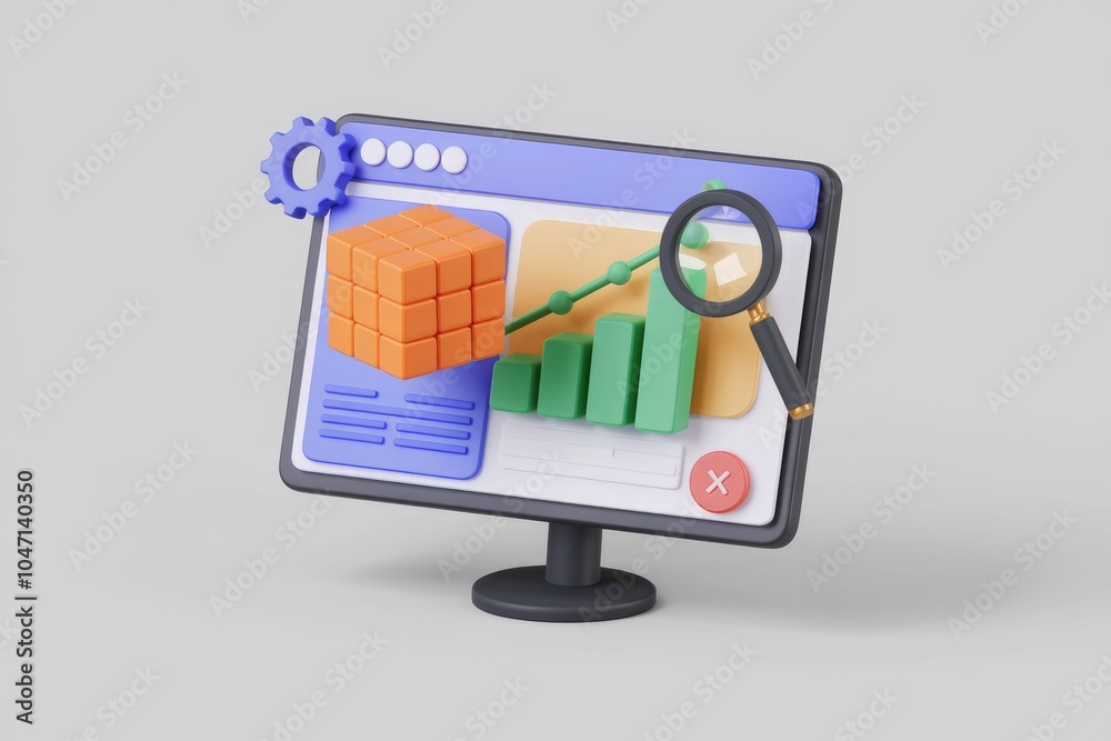 Aufkleber A 3D illustration of a computer monitor with a website  a graph  a magnifying glass and a gear.