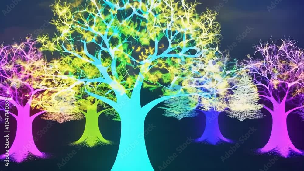 Wall mural magical forest features glowing trees transforming through vibrant colors, creating a surreal and en
