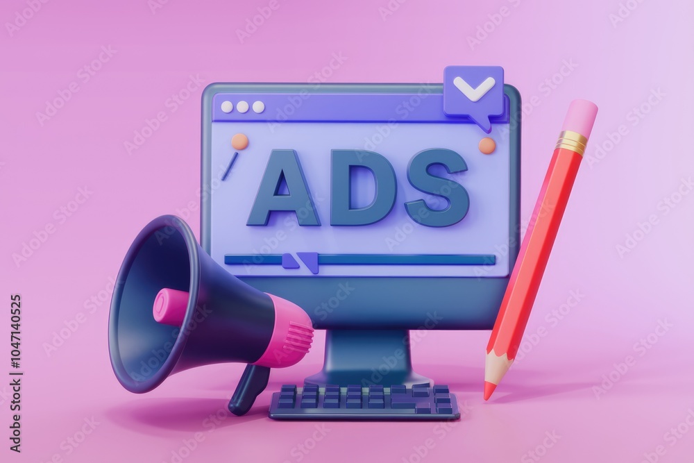 Poster A computer screen displaying ADS with a megaphone and pencil  signifying online advertising.