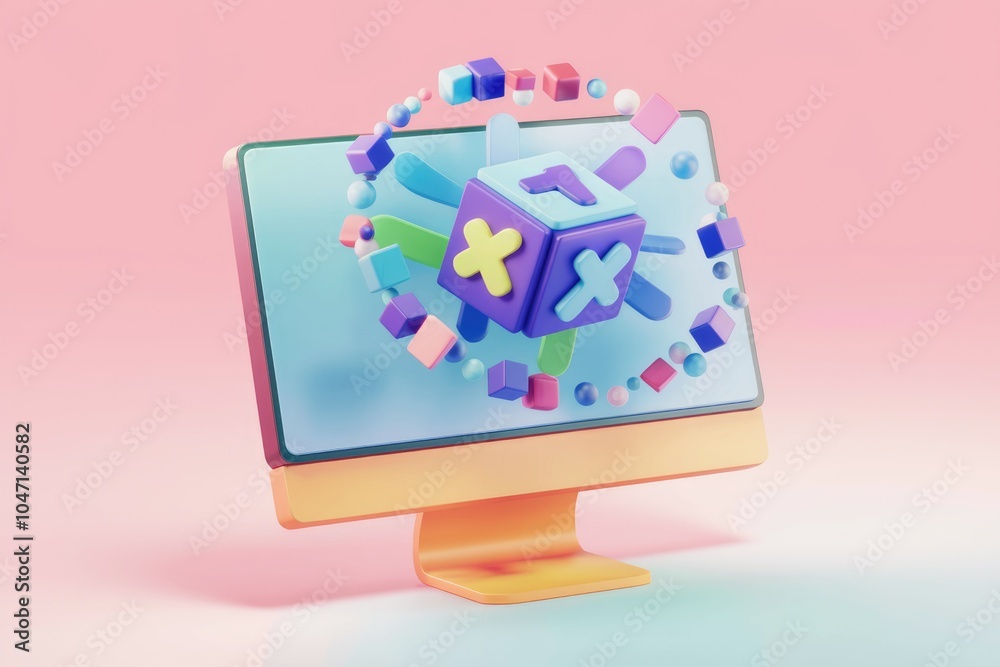 Poster A colorful 3D model of a computer with a spinning cube in front of the screen.