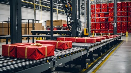 Fototapeta premium Automated conveyor belt system transporting beautifully wrapped Christmas gifts for efficient holiday logistics and delivery