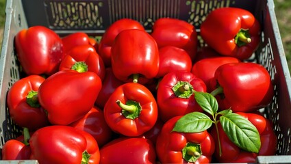 Freshly harvested red bell peppers in a sunny crate with shiny skins and green leaves