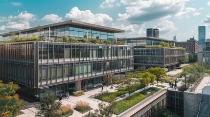 Modern Office Building with Green Roof and Courtyard