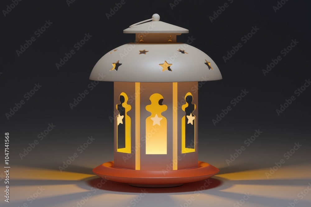 Poster A white ceramic lantern with intricate cutouts  lit from within  casting a warm glow.