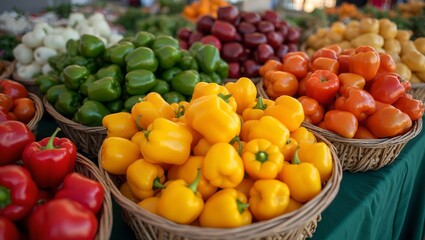 Vibrant bell peppers at a farmers market stall