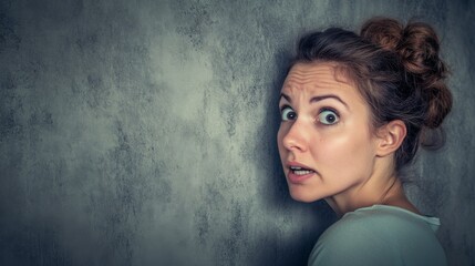Fototapeta premium Woman with Wide Eyes Listening intently at a Wall