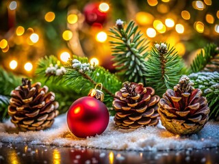 Macro Photography of Real Christmas Elements: Ornaments, Pine Cones, and Snowflakes for Holiday Cheer