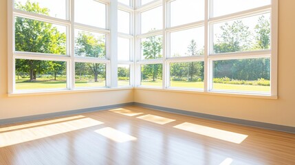 Fototapeta premium Bright and airy room with large windows allowing natural sunlight to fill the space, surrounded by lush greenery outside.