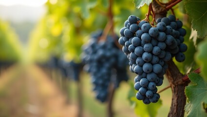 Ripe dark purple grapes on vine in sunlight