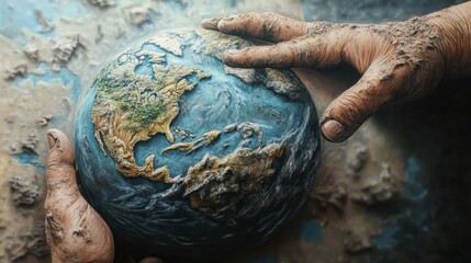Obraz premium personne tenant dans ses mains la planÃ¨te terre fragile et craquelÃ©e