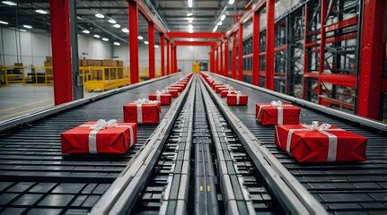 Automated conveyor belt system transporting beautifully wrapped Christmas gifts for efficient holiday logistics and delivery