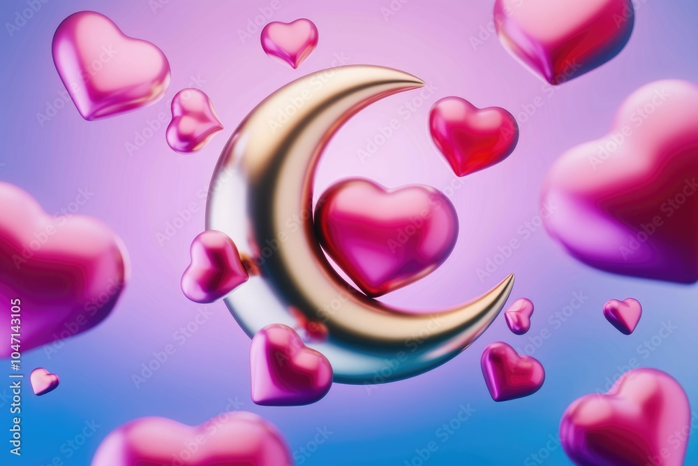 Poster a golden crescent moon with pink hearts floating around it against a gradient background.