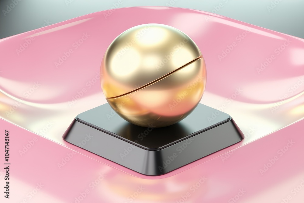 Poster a golden sphere bisected and resting on a black square platform sits inside a pink bowl.