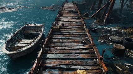 A Rusted Wooden Pier Leading into a Calm Blue Ocean with a Boat