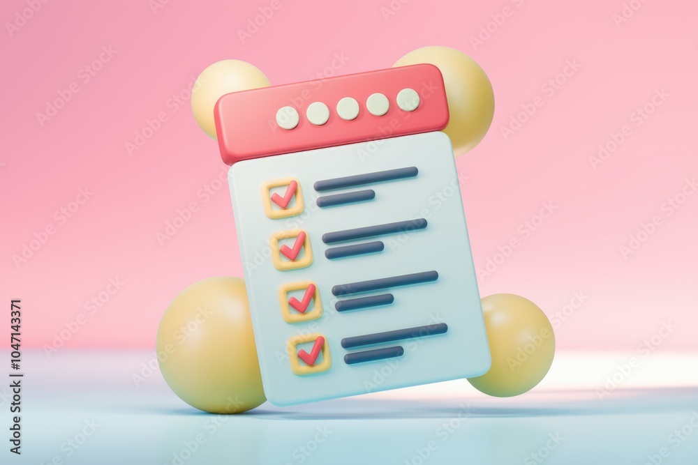 Aufkleber 3D rendering of a checklist with checkmarks and a pink background.