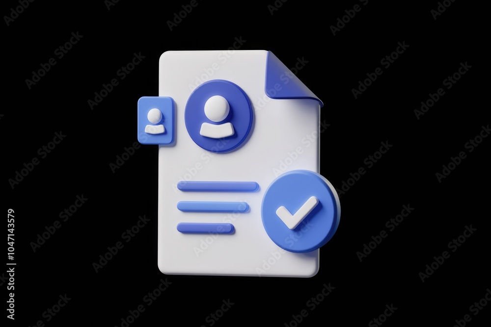Poster 3D document with profile icon and checkmark for completion.