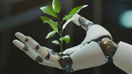 Robot hand holding a young plant against isolated free png background. Sustainable development in the field of agriculture and artificial intelligence.