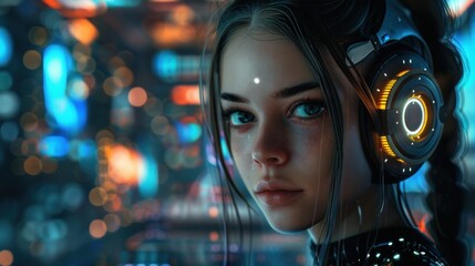 A beautiful futuristic girl with cybernetic implants, cyberpunk style.