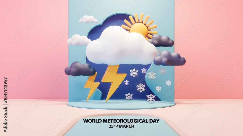 Poster 3d illustration depicting various weather elements for world meteorological day.