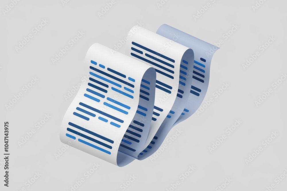 Poster Three curled papers with blue and black text  representing code or data.