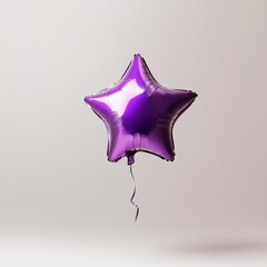 A shiny purple balloon shaped like a star, floating mid-air against a soft white background, perfect for a festive celebration or party