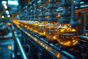 Fototapeta premium Industrial Conveyor Belt with Glass Vessels Filled with Yellow Liquid