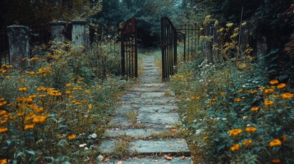 Stone Path Leading Through a Forest with Rusty Gates