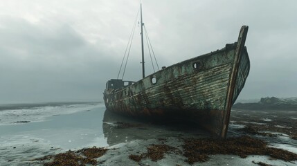 Naklejka premium A Rusted Shipwreck on a Foggy Beach