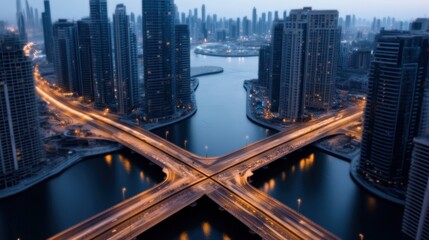 Obraz premium Futuristic Cityscape with Glowing Skyscrapers and Bridges at Dusk