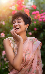Fototapeta premium Smiling Indian Woman in Light Pink Saree with Floral Silk Blouse in Flower-Filled Outdoor Portrait